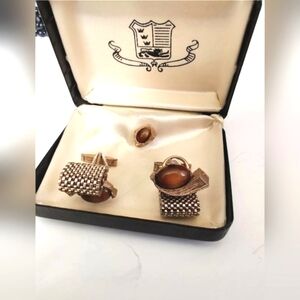 Vintage Cufflinks and Tie Tack in Original Box Golden Mesh and Amber Stone